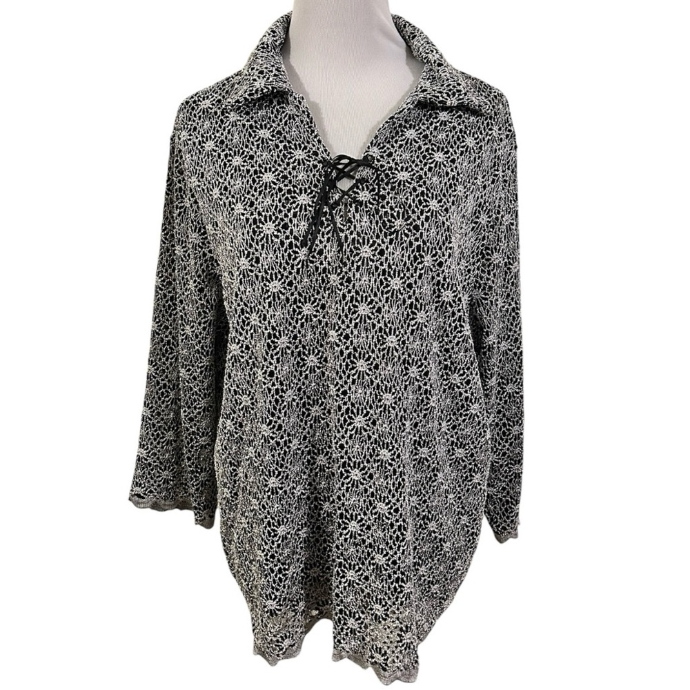dressbarn 90s floral lined tie-up frontside embroidered v neck long sleeve 1X